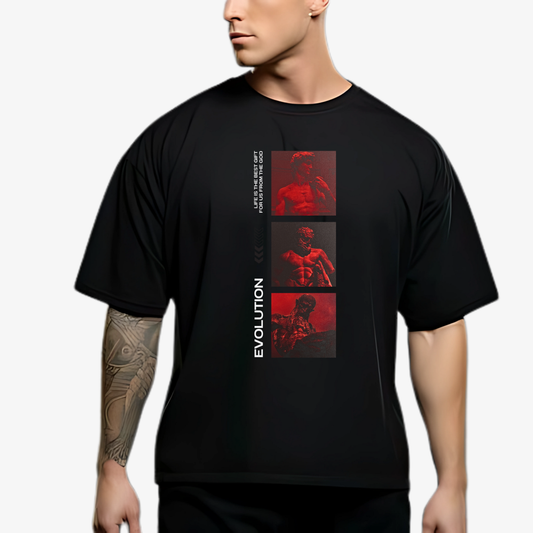 Black Oversized Round Neck T-Shirt | Evolution Red Print T-Shirt  | Teeswaala